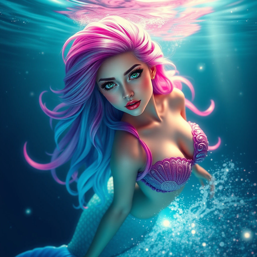 Vibrant Mermaid with Bioluminescence in Fantasy Ocean