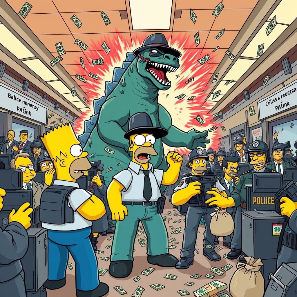 Godzilla and Homer Simpson Rob a Bank in a Cyberpunk-Inspire...