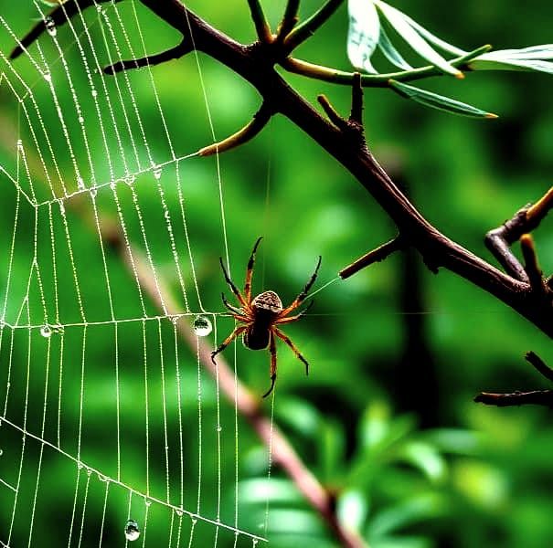 Vibrant Forest Microcosm with Spider Web and Dew-Drops