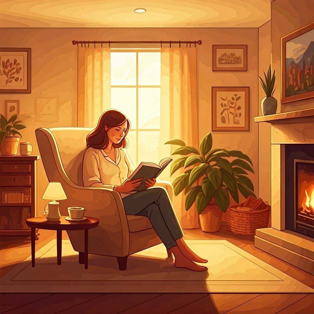 Serene Woman Reading by Fireplace in Rockwell Style
