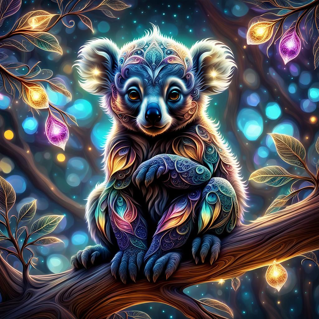 gothic-inspired baby coala seen nestled on a tree branch