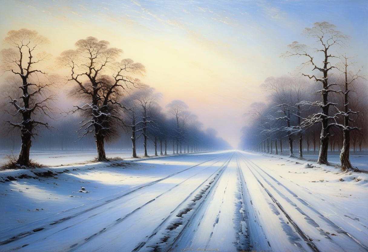 Winter Road Landscape in Oil on Canvas