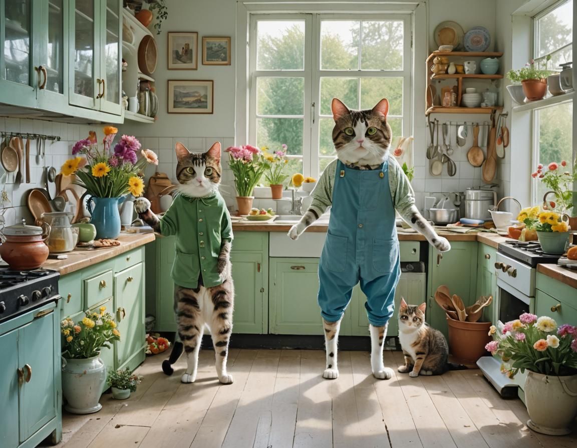 Whimsical Cats in Kitchen in Style of Tony DiTerlizzi