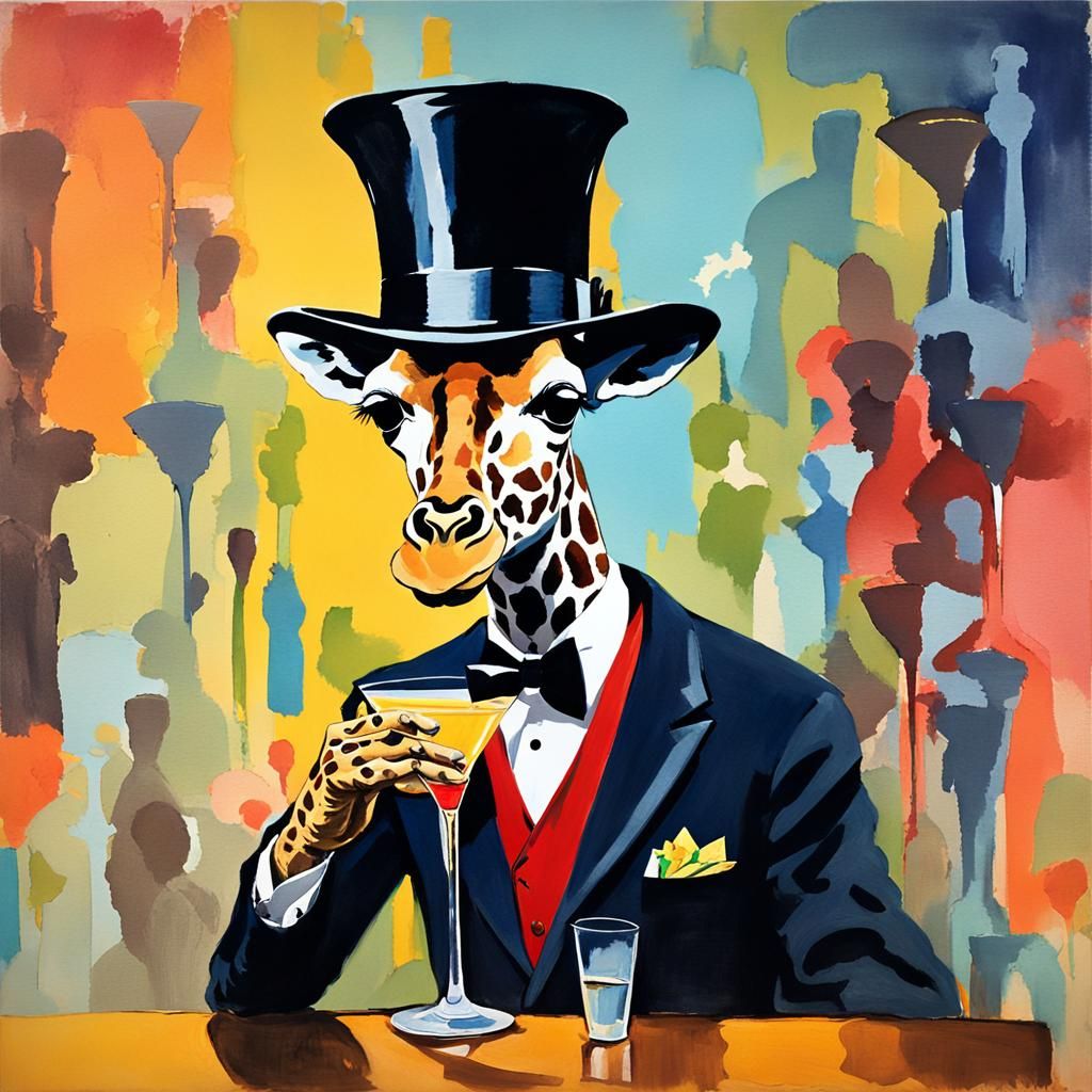 Giraffe in Tuxedo at 1960s Cocktail Party
