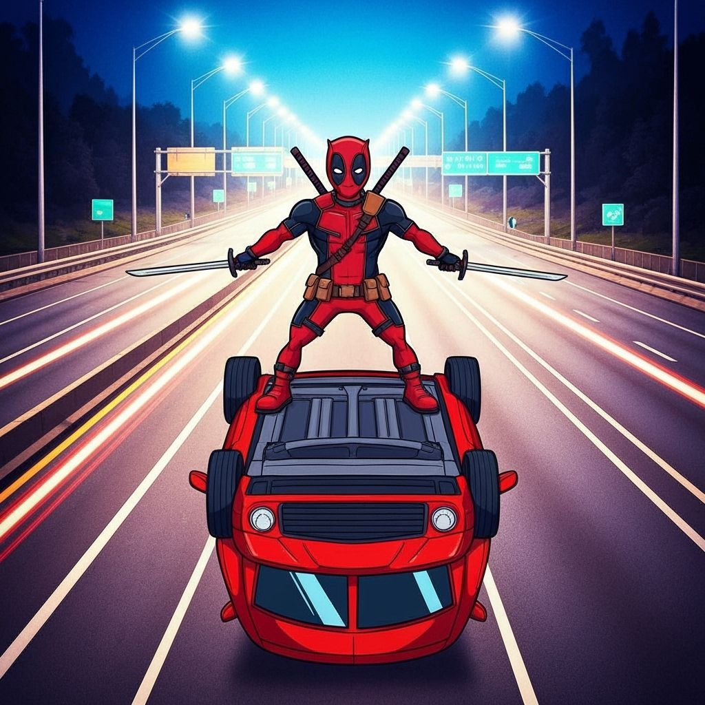 Deadpool Cartoon on Upside-Down Car in Comic Style