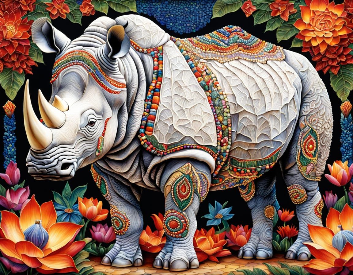 Beaded Rhinoceros Among Lotus Flowers in African Style