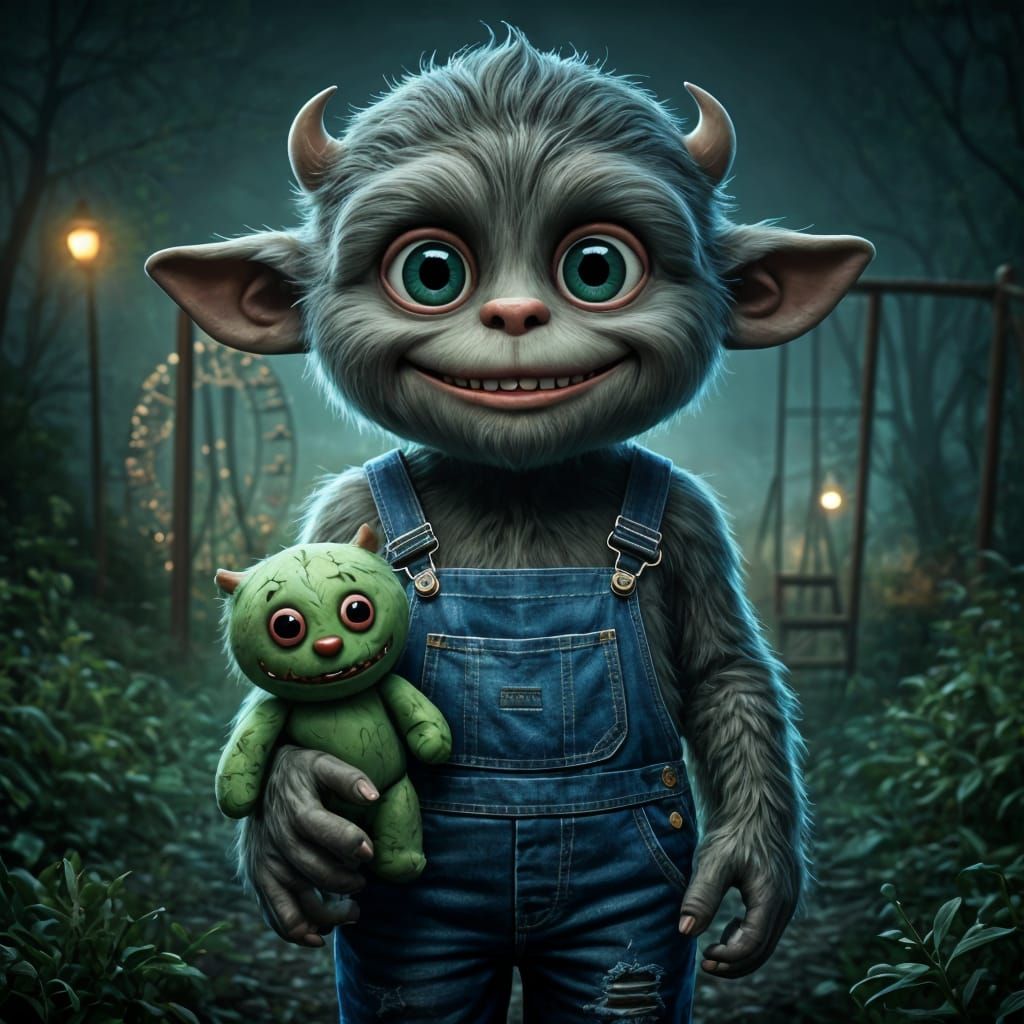 Creepy Cute Furry Monster with Toy Dolly