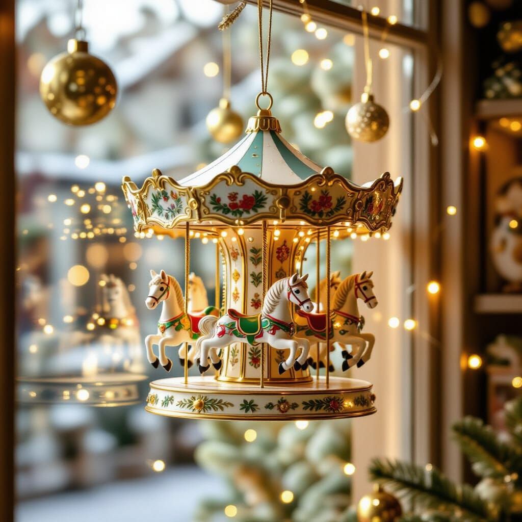 Whimsical Carousel Ornament in Toy Shop Window