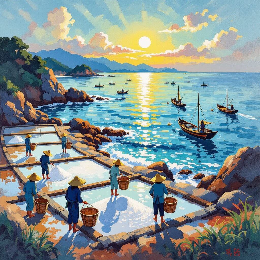 Japanese Salt Harvesters on Sunlit Coast in Traditional Styl...
