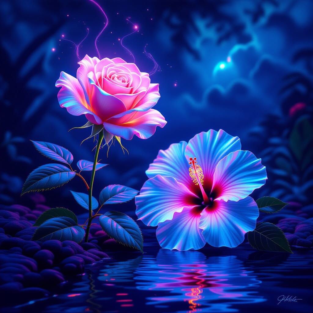Surreal Landscape with Glowing Flowers in Digital Painting S...