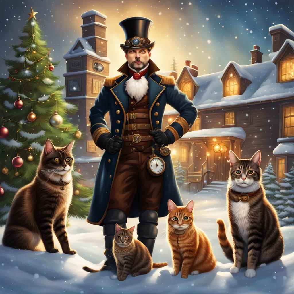 Steampunk Captain and Cats in Snowy Christmas Scene