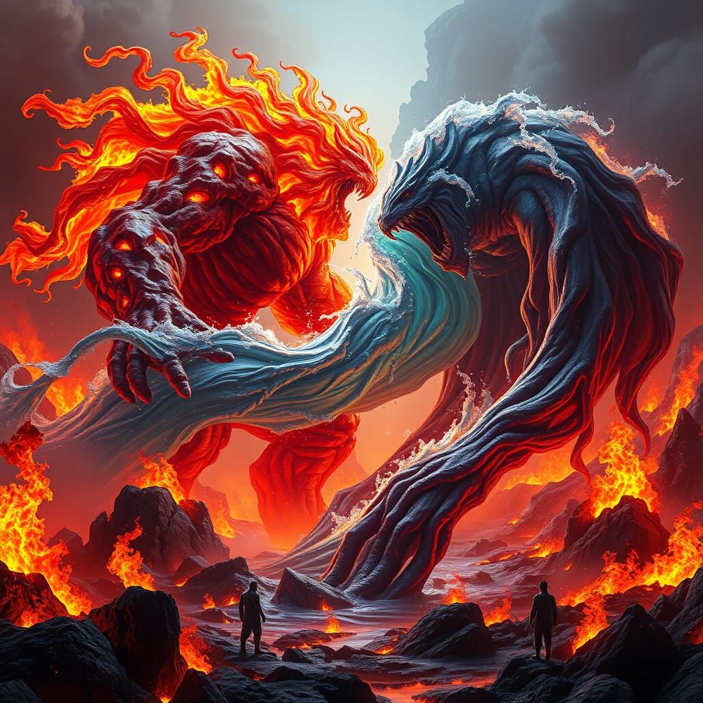 Epic Clash of Fire and Water Titans in a Blazing Hellish Rea...