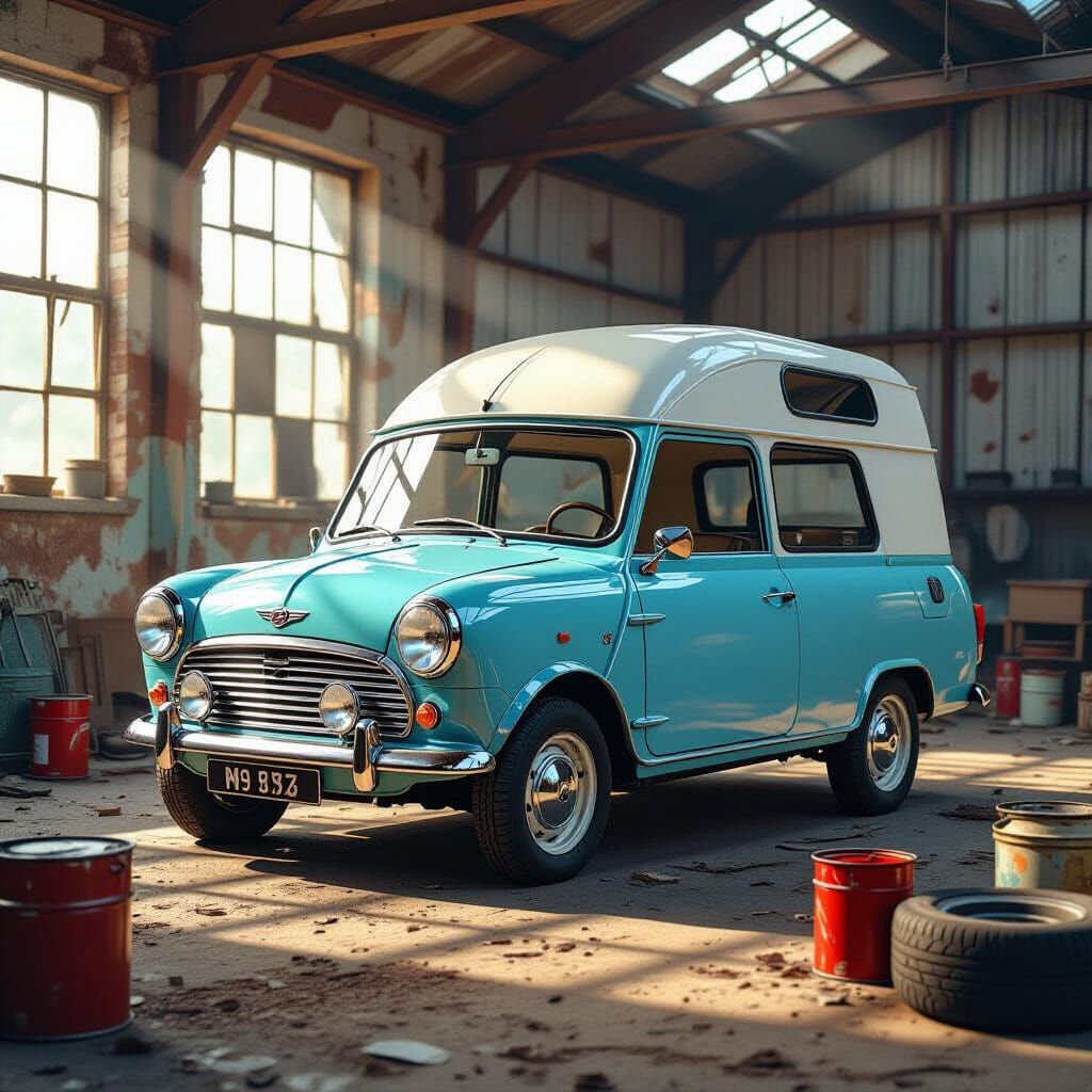 Morris Mini Camper Van in Dusty Workshop