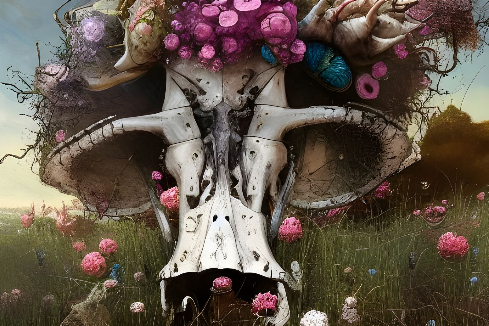 Cow Skeleton Surrounded by Flowers: Hyperrealistic Illustrat...