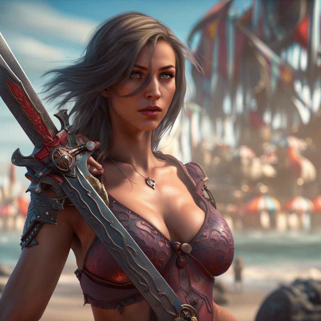 Bikini Warrior on the Beach: Fantasy Art