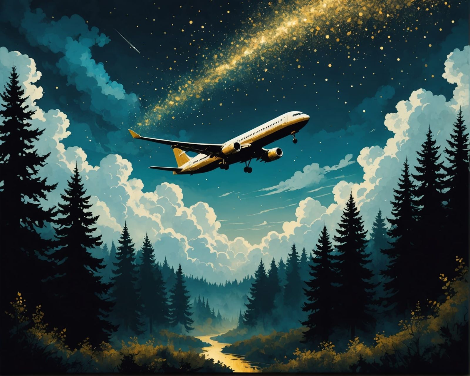 Airplane Silhouette Soaring Over Forest at Midnight