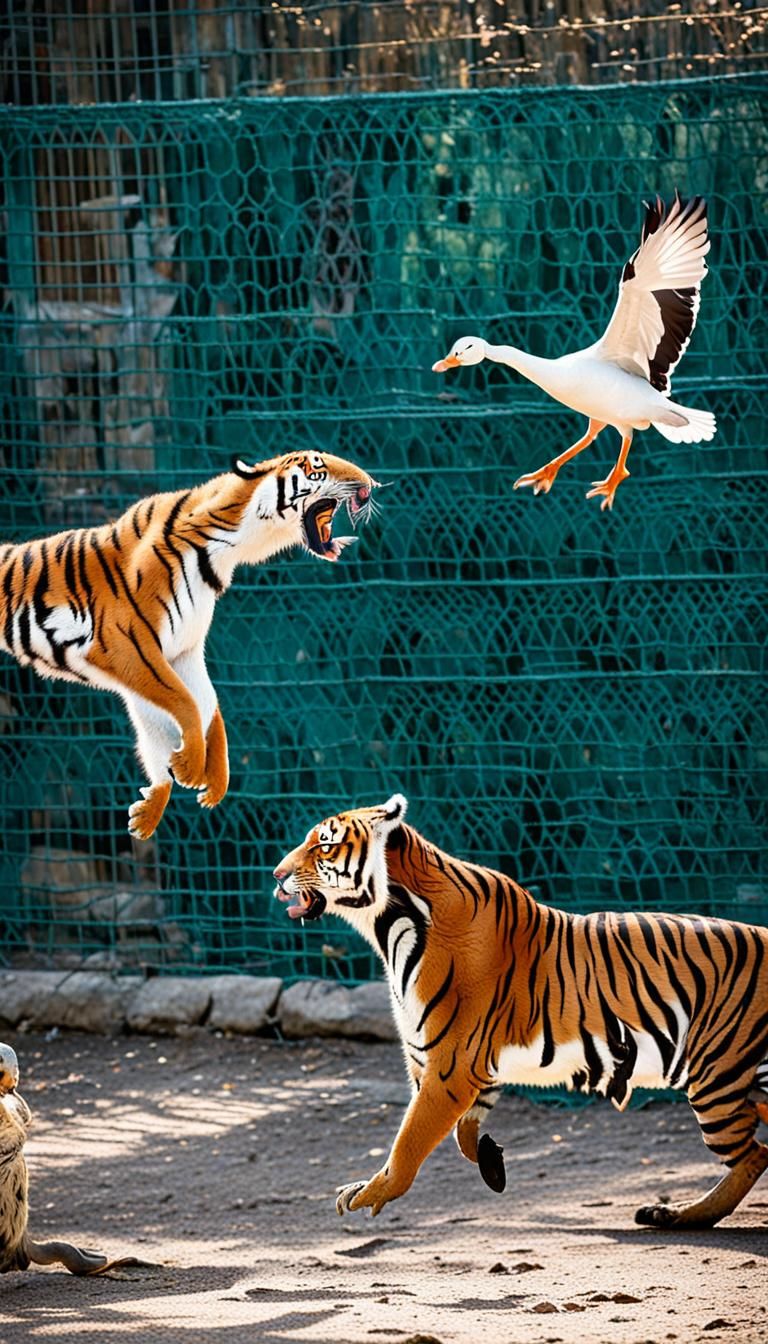 Tigers and Geese Jump and Play Chasing Each Other