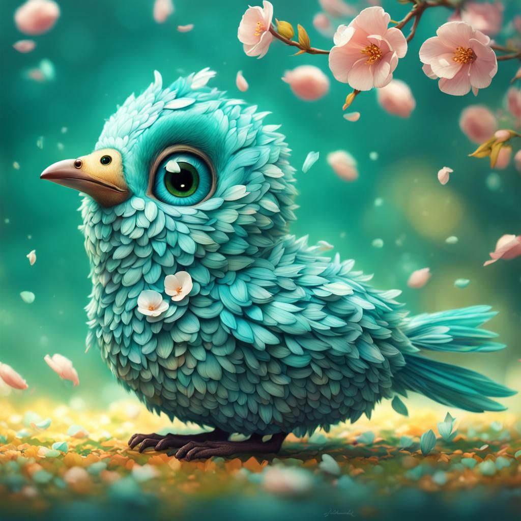 Adorable Teal Petal Bird: Hyperrealistic Digital Art