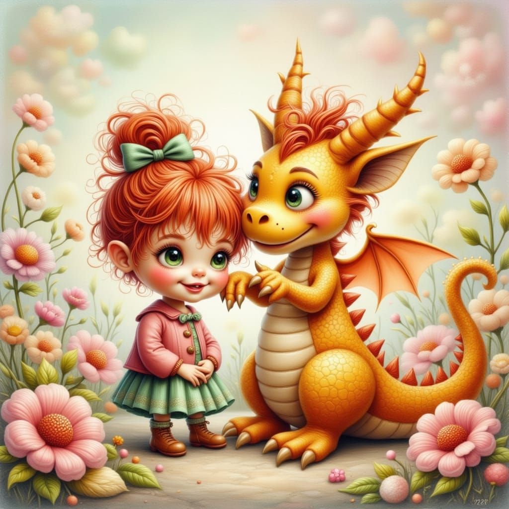 Toddler and Dragon Friends in Sanrio-Inspired Cartoon Style