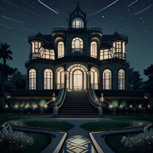 Art Deco Villa with Gothic Details Under Starry Night Sky