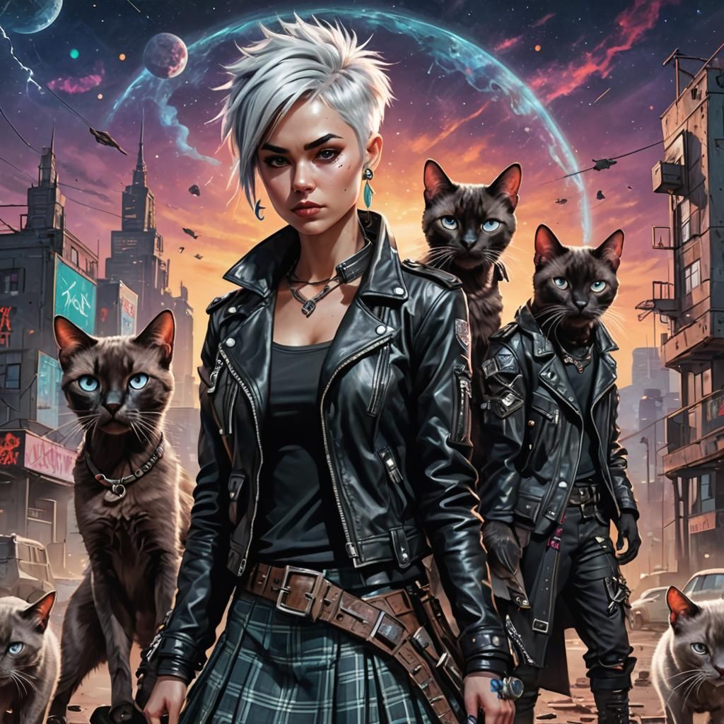 Punk Rock Girl and Siamese Cats in Apocalypse