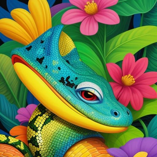 Vibrant Oil Painting of a Smiling Cartoon Snake in a Hat