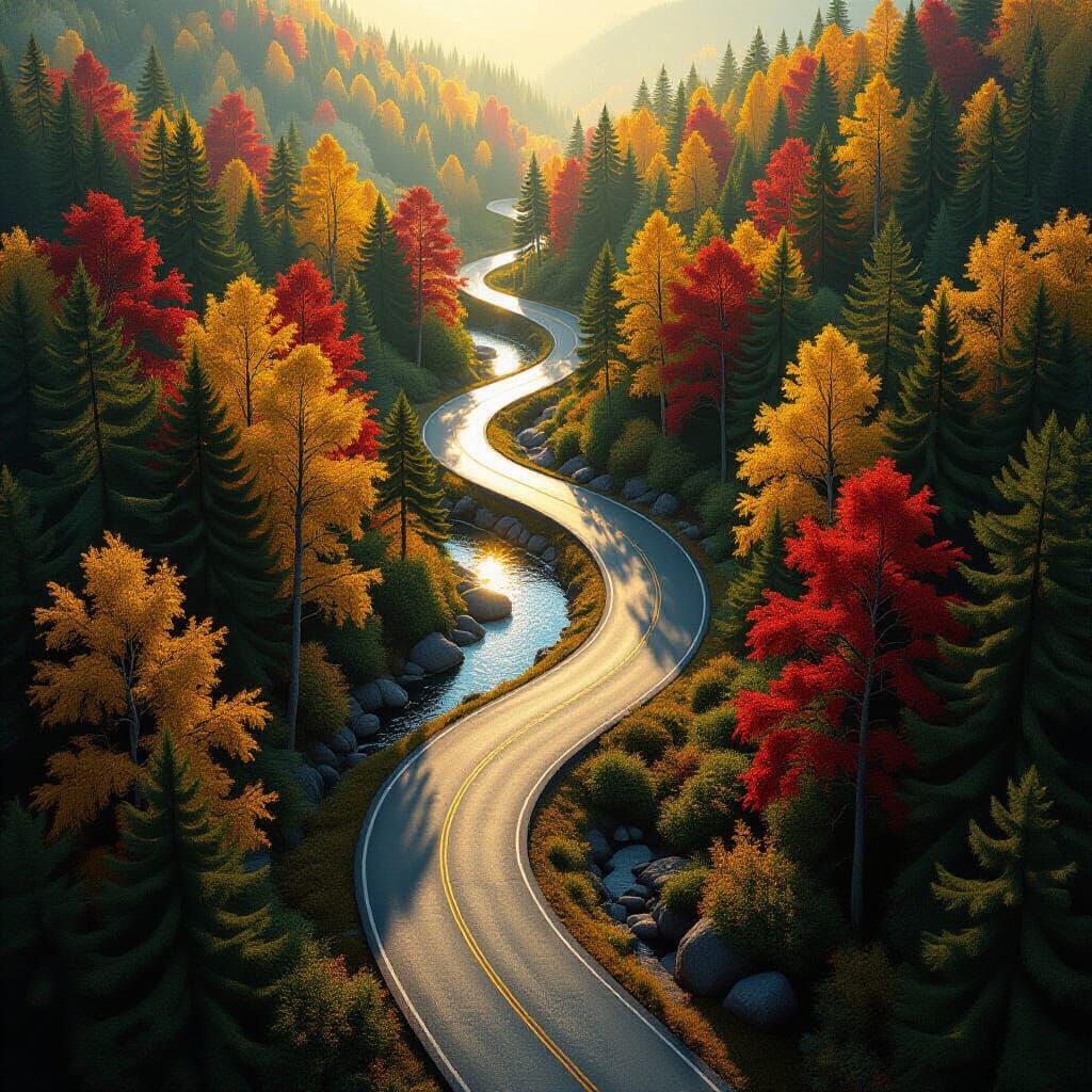Aerial View of Winding Road Through Autumn Forest