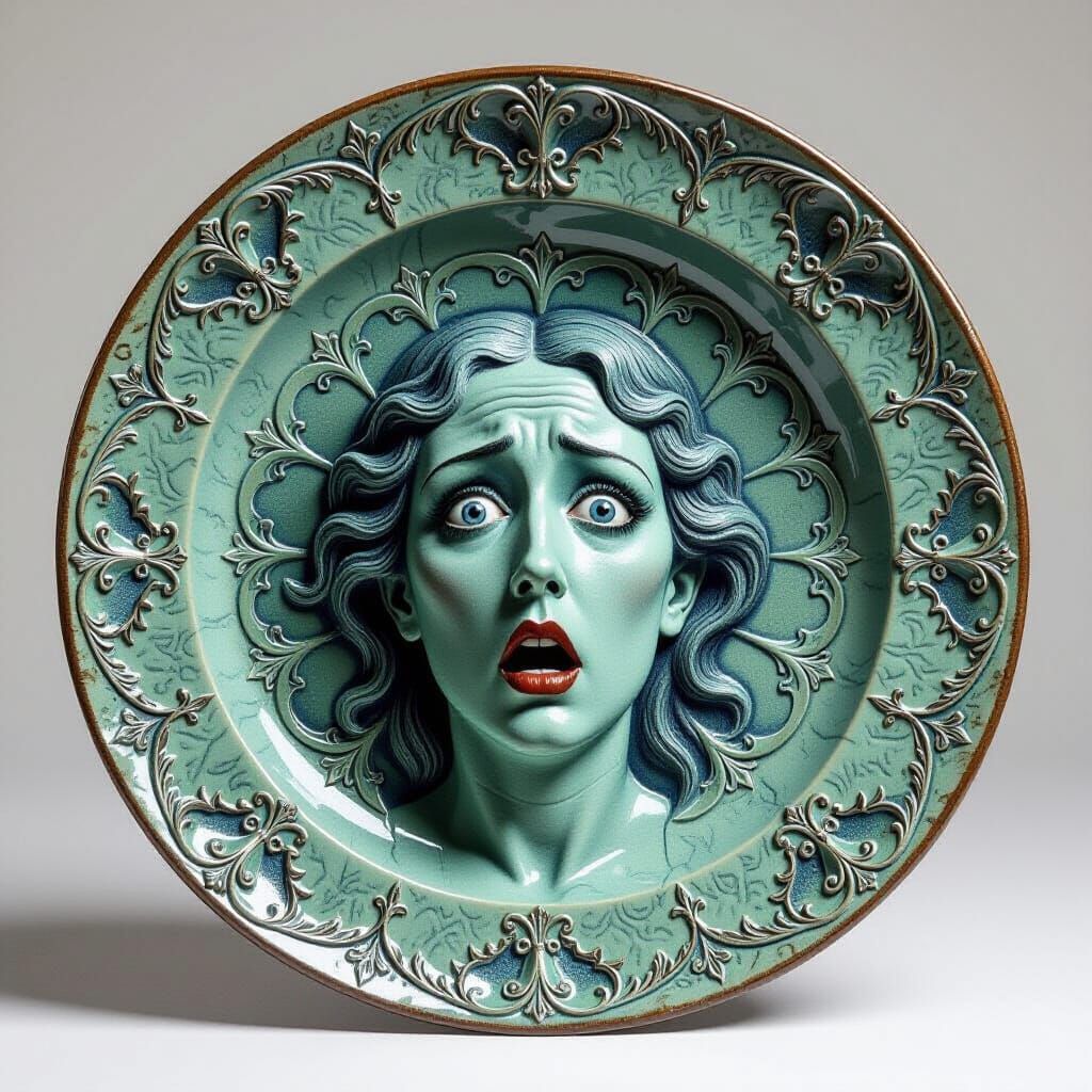 Gothic Revival Plate with Ornate Carvings and Scared Face
