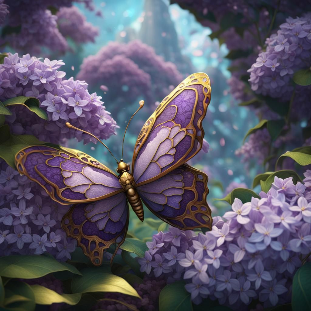Cloisonne Butterfly Among Lilacs: Fantasy Art
