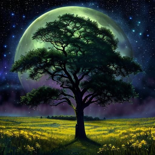 Gothic Oak Tree Under Starry Moon, Watercolor Style