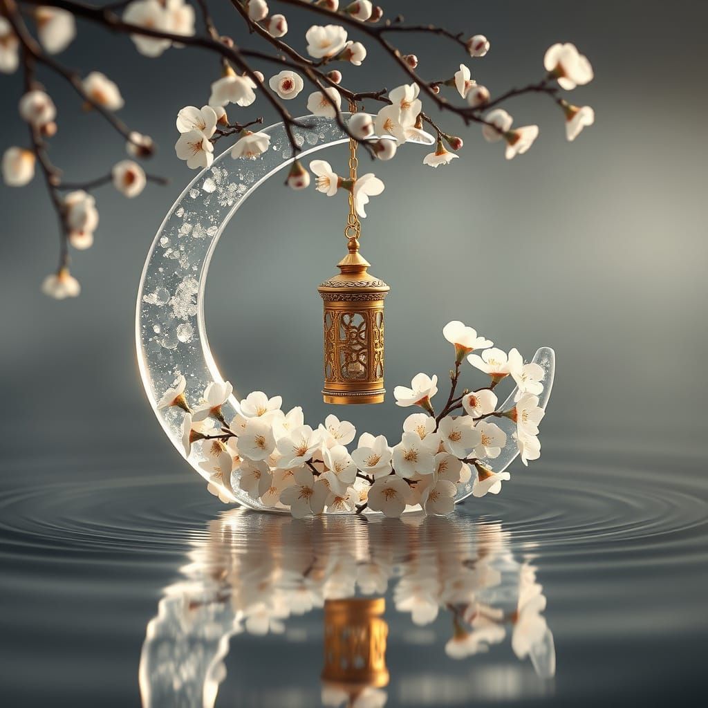 Glass Crescent Moon with Cherry Blossoms on Water