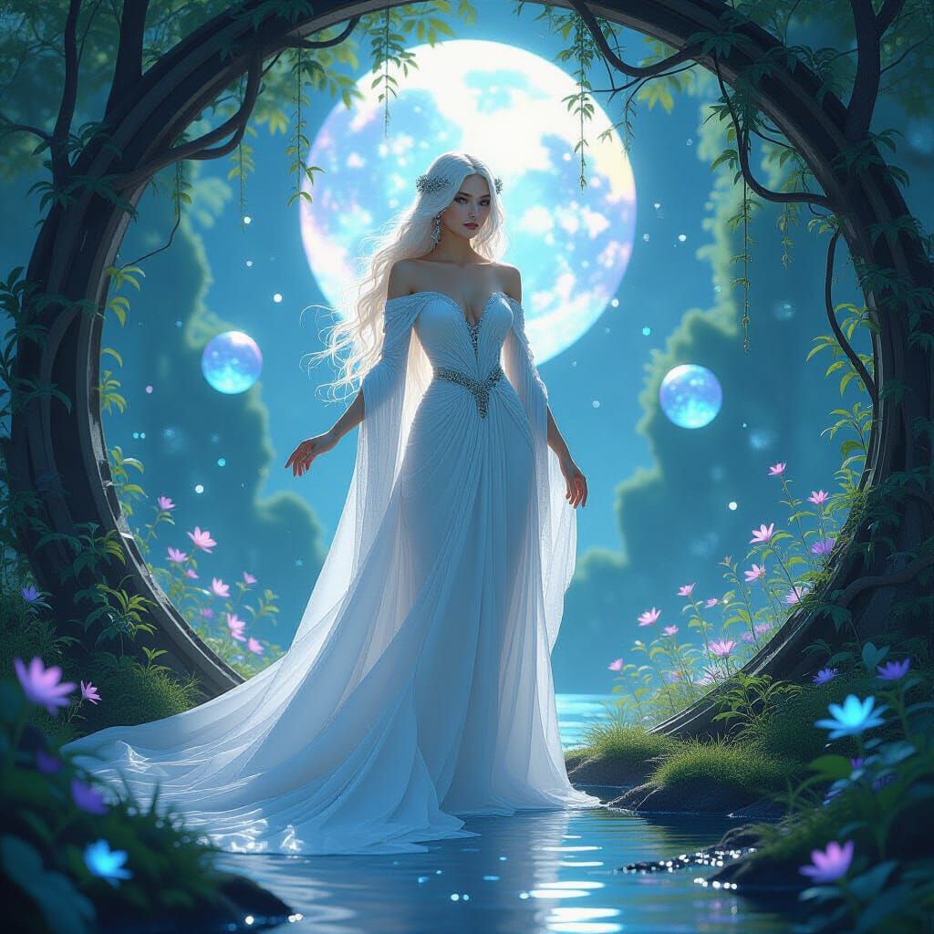Celestial Being in Moonlit Grove as Art Nouveau Digital Art