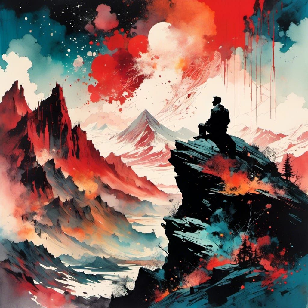 Vintage Watercolor Collage of Lonely Man Overlooking Destruc...