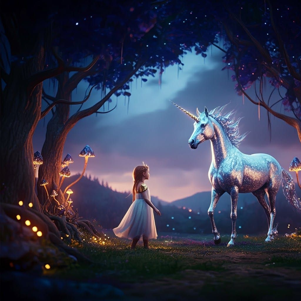 Girl and Unicorn in Enchanted Forest