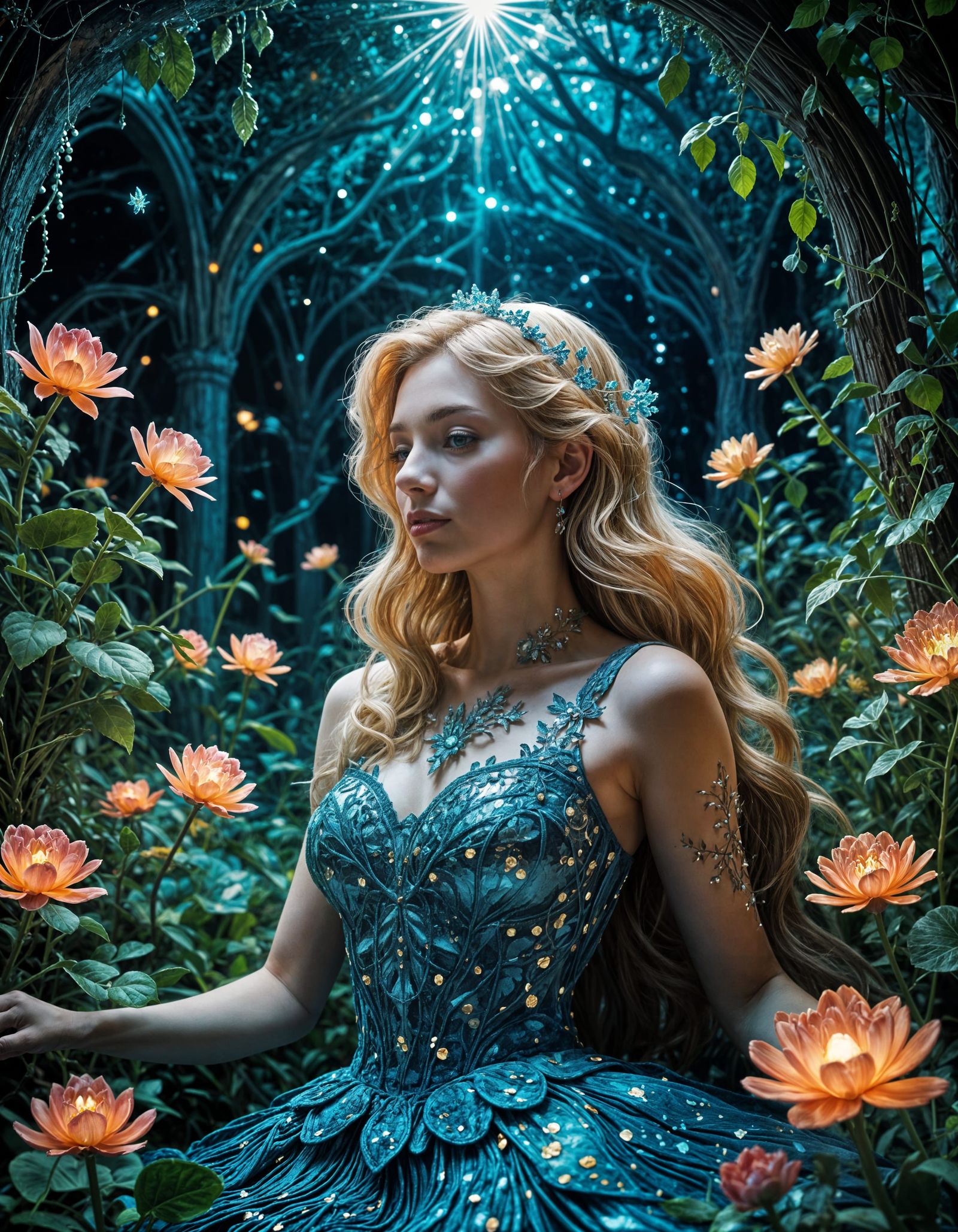 Ethereal Princess Peach in Whimsical Labyrinthine Dreamscape