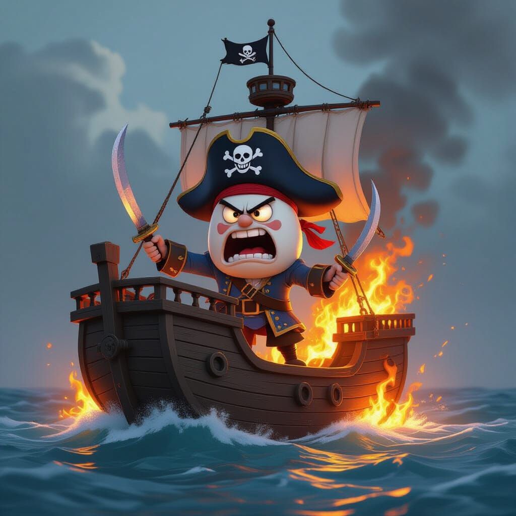 Angry Egg Pirate Aboard Burning Ship