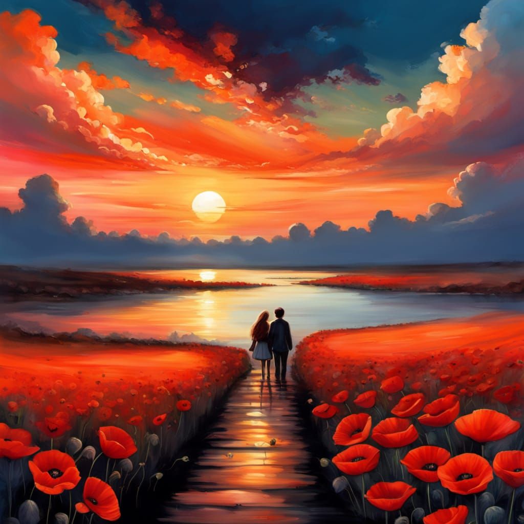 Boy Offering Poppy Flower at Sunset