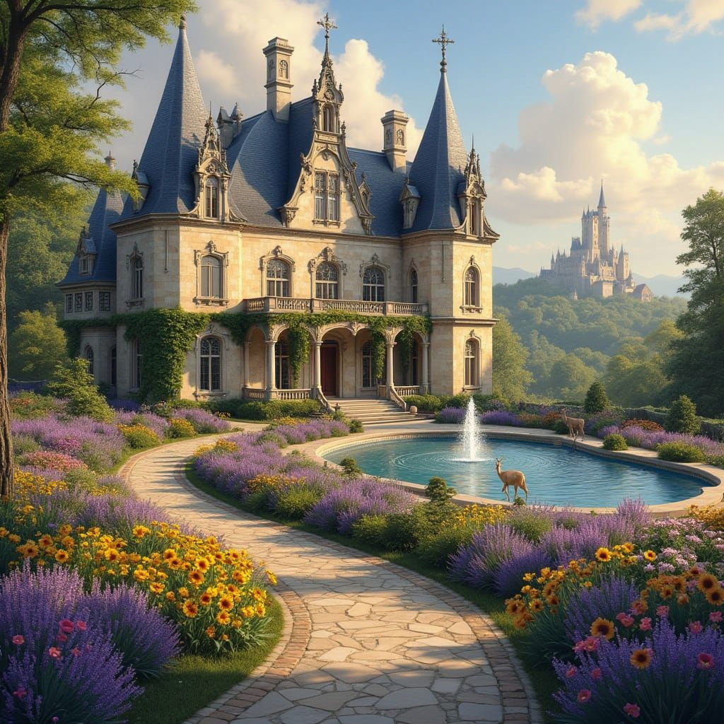 French Chateau in Springtime Golden Hour