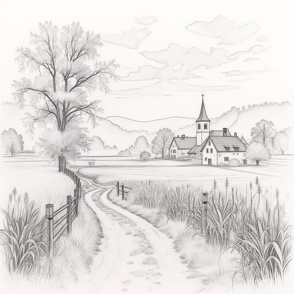 Pencil Sketch of a Serene Village Morning