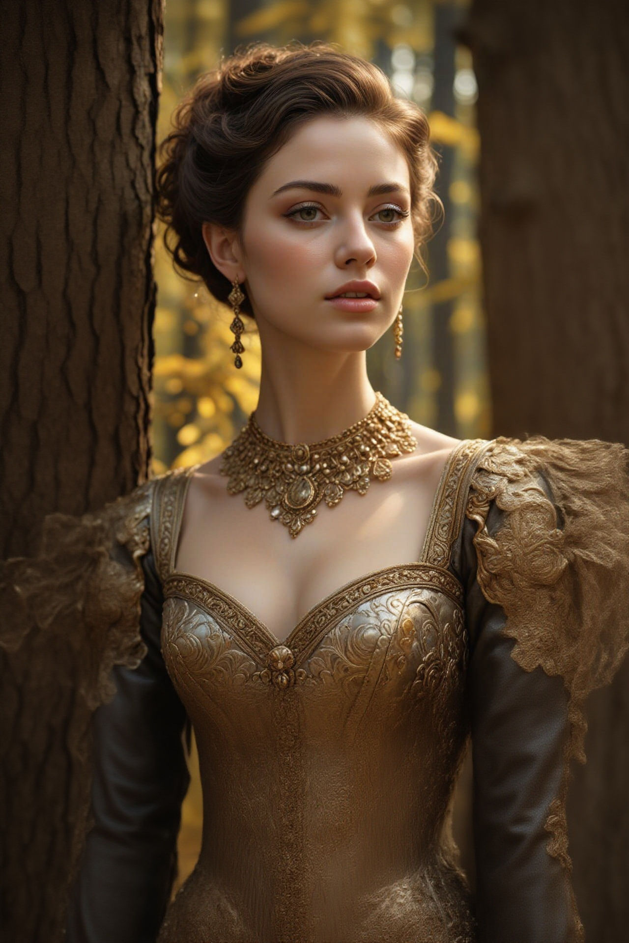 Baroque Woman Portrait in Forest with Golden Accents