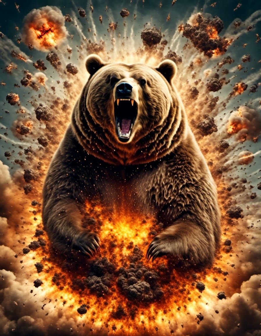 Surreal Collage: Mind-Blown Bear in Atomic Explosion