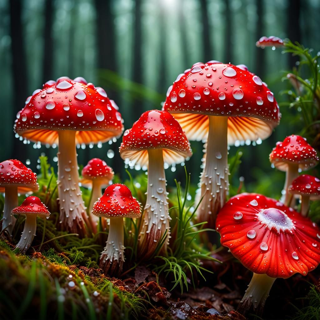 Dew Drops on Red Mushrooms