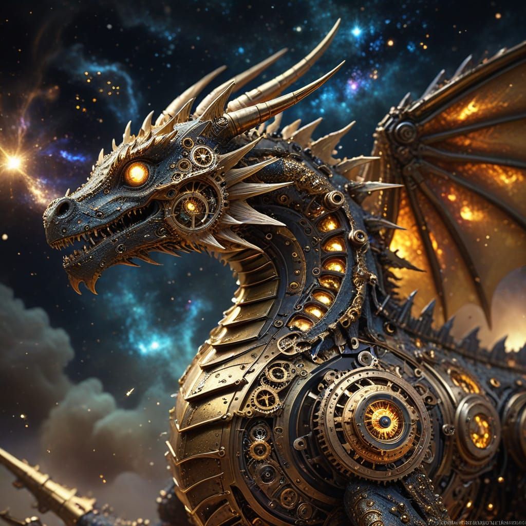 Celestial Clockwork Dragon Soaring Through Nebula