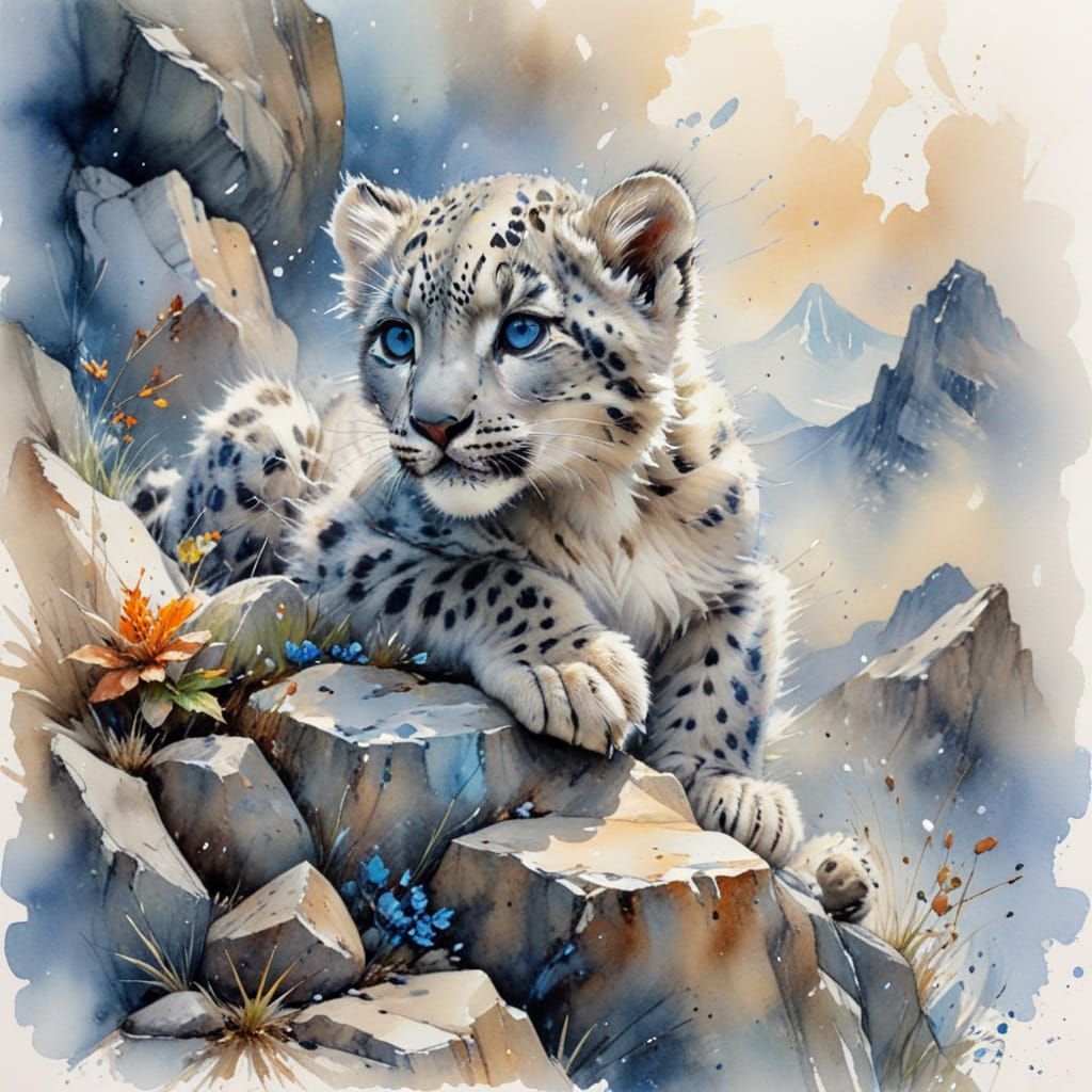 Snow Leopard Cub in Watercolour Blend