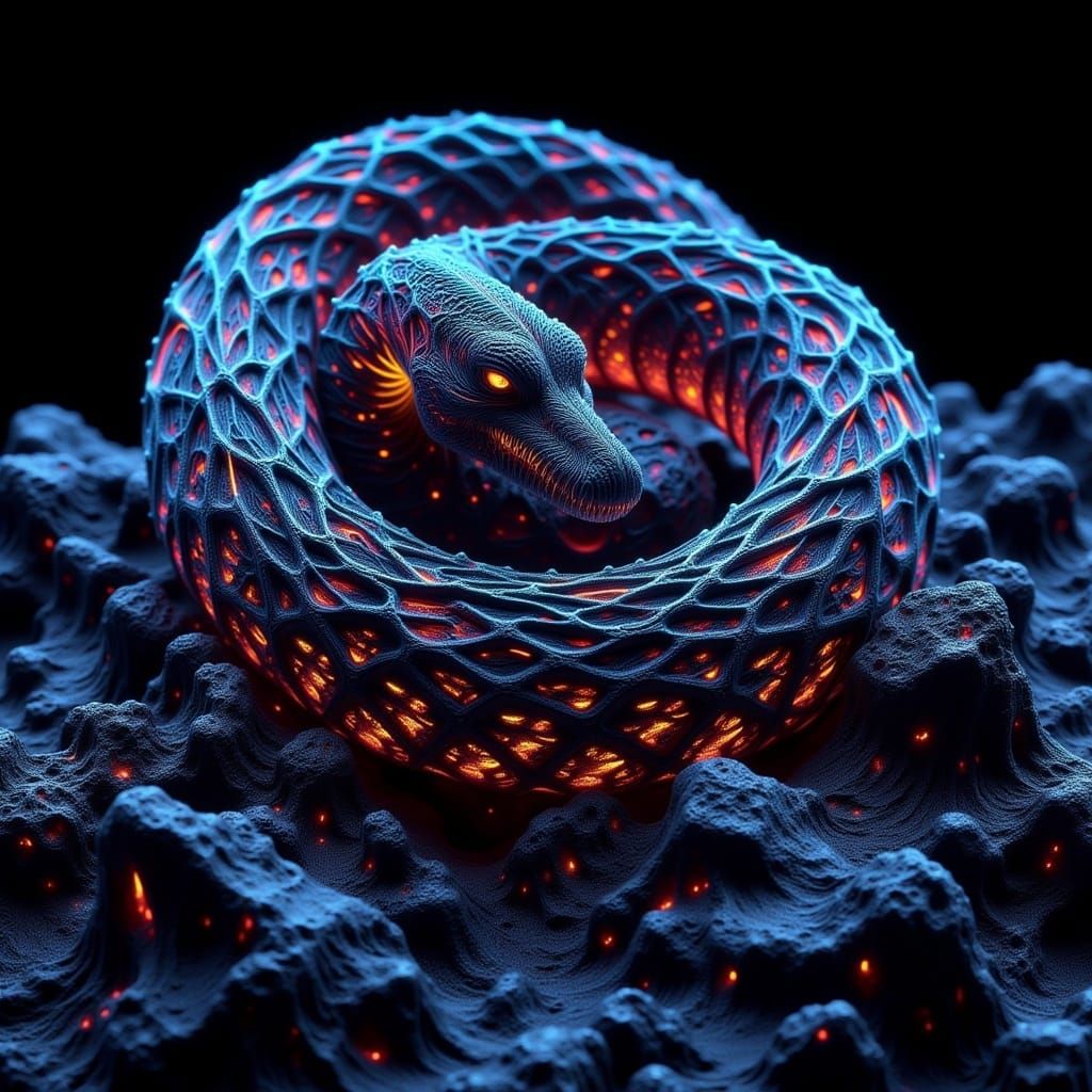 Hyperrealistic Shadow Wraith Coiled on Lava Rock