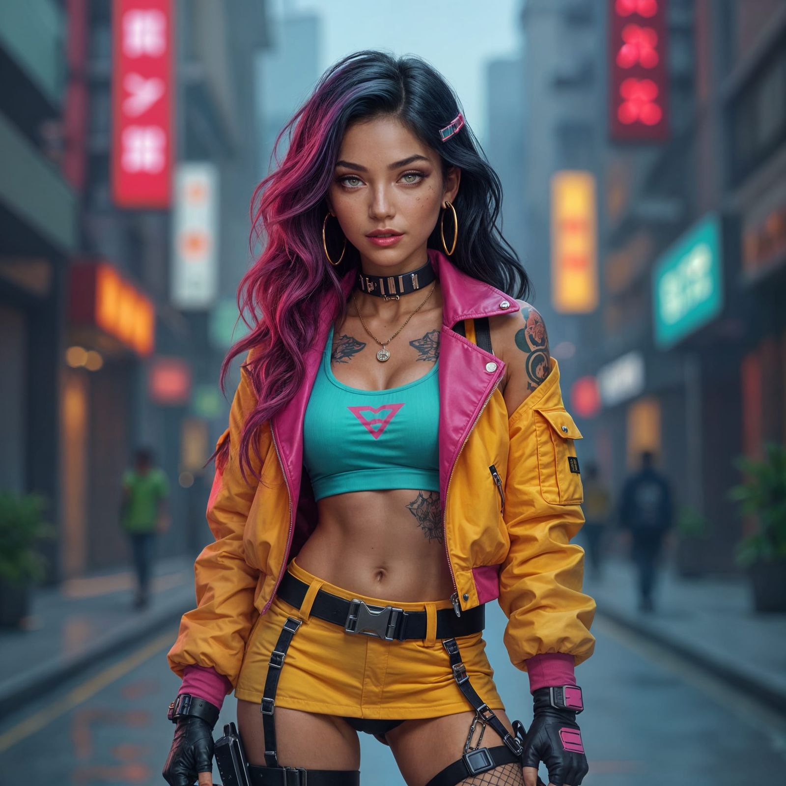 Cyberpunk Girl with Magenta Hair in Cityscape
