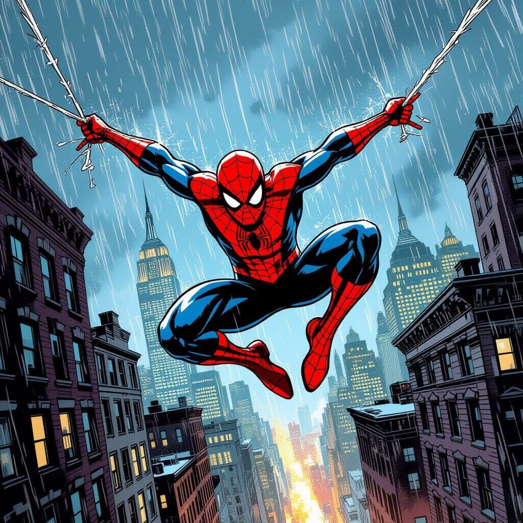 Spiderman Flips in NYC Rain Retro Comic Art