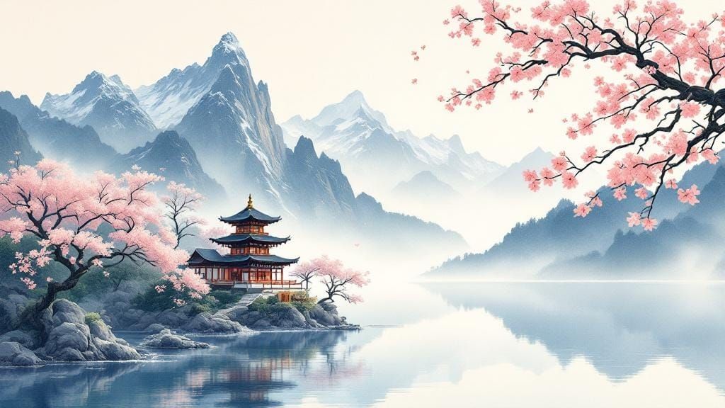 Serene Temple Reflected: Sumi-e Mountain Landscape