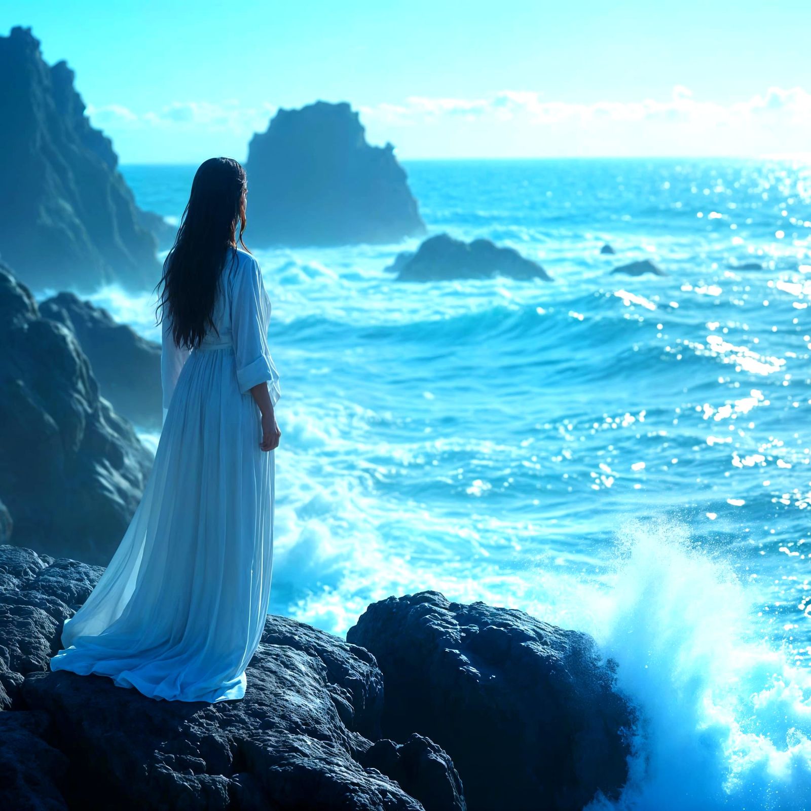 Woman in White Robe Overlooking Ocean Waves