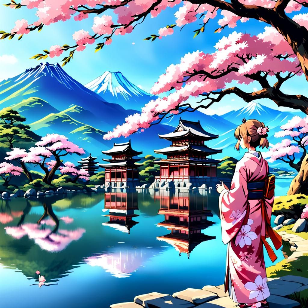 Sakura Tree Scene in Japanese Landscape Style